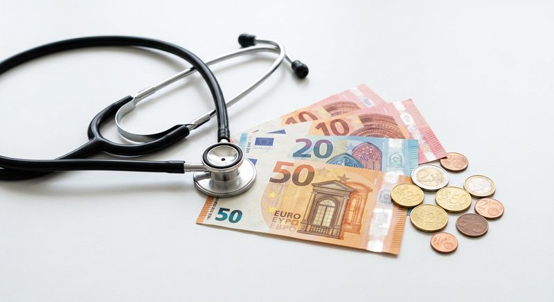 Un stéthoscope à côté de billets et de pièces en euros