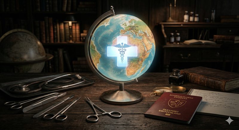 Globe terrestre avec un symbole médical, un passeport et des instruments chirurgicaux
